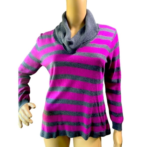 August Silk Pink Gray Striped Cowl Neck Knit Pullover Sweater Size Medium Petite - Picture 1 of 13